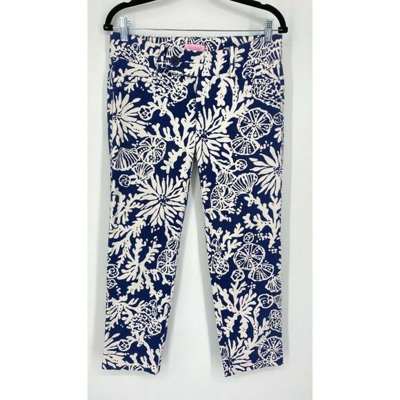 Lilly Pulitzer Luxury Capri Pant Size 4 Low Rise Seashell Ocean Print Navy White - Picture 1 of 11